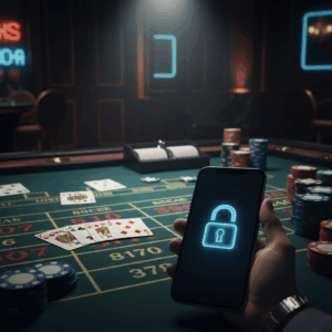 Meja baccarat mewah dengan smartphone yang menampilkan ikon link alternatif aman.