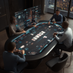 Ilustrasi realistis poker modern di Win11bet dengan meja interaktif, pemain, kartu dan chip, statistik real-time, dan interface modern