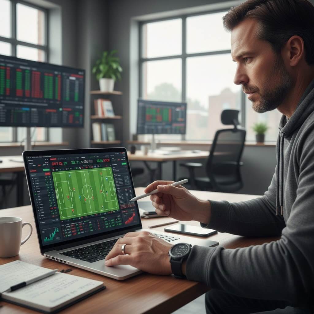 Bettor profesional menganalisis pertandingan sepak bola di laptop dengan grafik statistik lengkap dan odds real-time