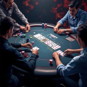 Strategi poker online pemula di Hokiku88, menampilkan meja poker dengan kartu, chip, pemain strategis, tips bluffing, dan mode demo