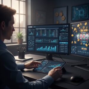 Pemain menganalisis angka dan pola kemenangan di 12hoki, menampilkan layar slot, koin, dan simbol dengan suasana realistis