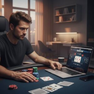 Pemain poker online di Hokijoss menganalisis kartu dan strategi taruhan menggunakan laptop, dengan chip poker dan kartu di meja digital, suasana fokus dan profesional